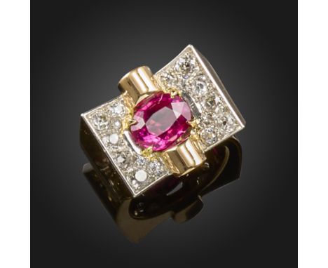 A French ruby and diamond ring, c.1940's, the oval-shaped ruby weighs 2.77cts within a surround of old cushion-shaped diamond