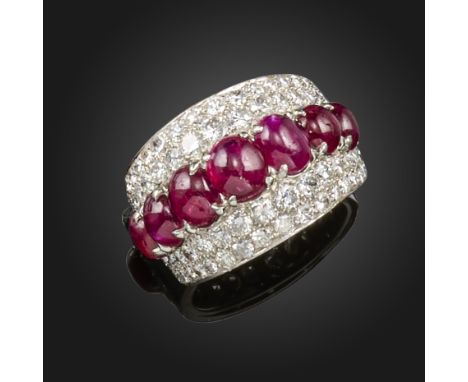 A ruby and diamond-set Trombino ring by Bulgari, set with graduated ruby cabochons and pave-set with graduated round brillian