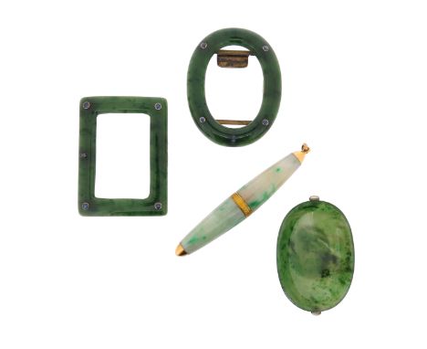 A collection of nephrite and jade items, including an early 20th century torpedo shaped jade centre-opening container, with c