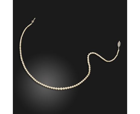 A single-row graduated natural pearl necklace, the marquise-shaped platinum clasp set with five small diamonds, 37cm Accompan