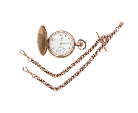 A gilt metal hunting cased pocket watch, with a 9ct gold curb-link Albert watch chain, 54g, 40cm