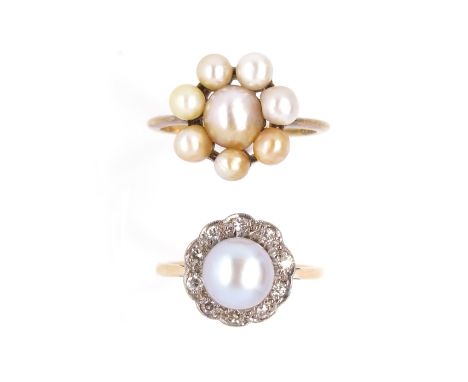 An untested pearl and diamond cluster ring, the button-shaped pearl is set in a shaped surround set with circular -cut diamon