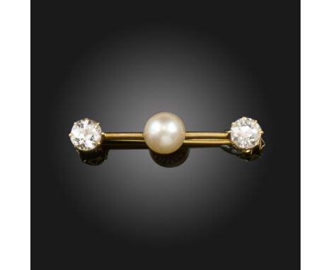 A late Victorian natural pearl and diamond bar brooch, centred with a natural pearl and two old circular-cut diamonds in gold