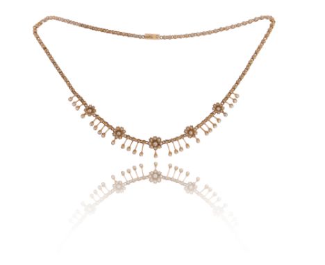 A Victorian seed pearl-set gold fringe necklace, of foliate design and set with seed pearls in yellow gold, 41cm long