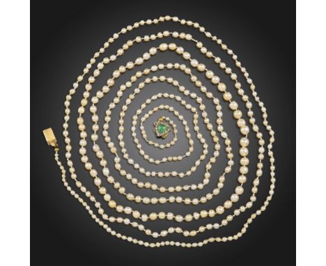 A single-row natural pearl necklace, the pearls graduate from 2.3 - 6.1 mm, with a heart-shaped chrysoprase and rose-cut diam