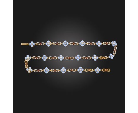 A late Victorian seed pearl and diamond enamel gold necklace, the flowerhead links alternately-set with a seed pearl and an o