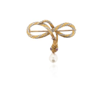 A gem-set snake brooch, the coiled snake with ruby eyes and diamond-set collar in textured platinum and gold, suspending a fr