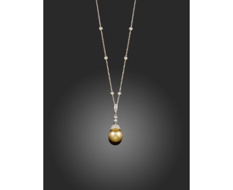 A cultured pearl and diamond pendant, the golden cultured pearl with diamond-set white gold cap, further diamonds to the bale