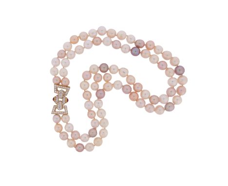 A two-row cultured pearl necklace, the vari-coloured cultured pearls with a diamond and ruby-set gold clasp, 44cm shortest