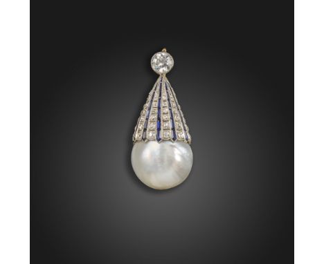 An early 20th century natural pearl, sapphire and diamond pendant, the bale set with an old circular-cut diamond weighing app