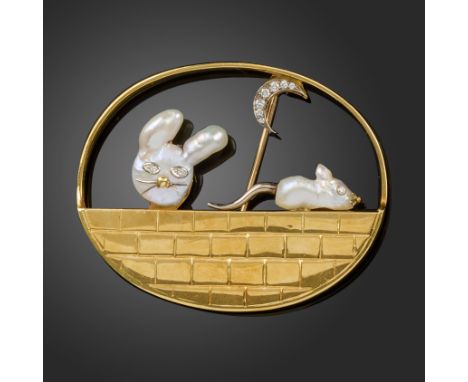 An amusing freshwater pearl brooch by Geoffrey Rowlanson, entitled 'Cat and Mouse Game', the baroque pearls representing the 