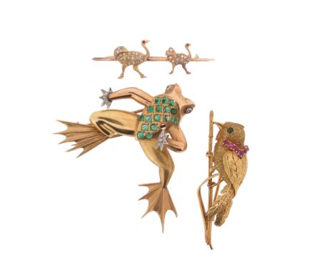 Three gem-set gold novelty brooches, the first designed as two rose-cut diamond-set ostriches applied to a bar, 4.5cm wide, f