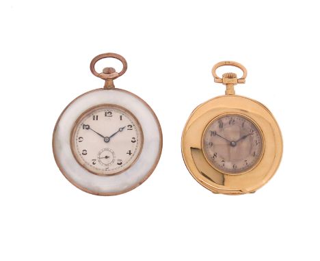 A early 20th century 18ct gold half hunting cased dress pocket watch, black Arabic numerals, 4.5cm wide, a French early 20th 