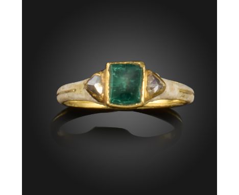 A Renaissance gem-set gold ring, c.1580-1600, centred with a rectangular-shaped emerald with a rose-cut diamond to each shoul