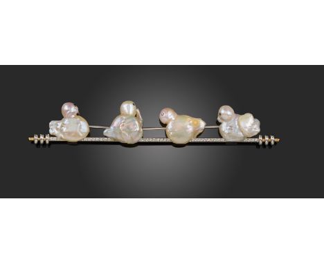 An amusing freshwater pearl and diamond brooch by Geoffrey Rowlandson, entitled 'Call Line 2', the four ducks formed with bar
