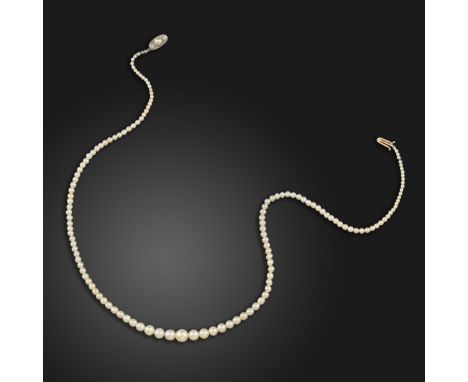 A single-row graduated natural pearl necklace, the platinum oval clasp centred with a natural pearl and six small diamonds, 4