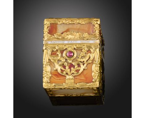 A George III rectangular necessaire, in the style of James Barbot, the orange agate panels with chased gold Rococo scrolling 