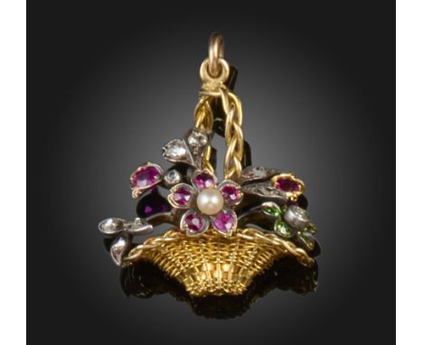 A Victorian giardinetto pendant, the woven gold basket containing flowers set with dermantoid garnets, diamonds, rubies and a