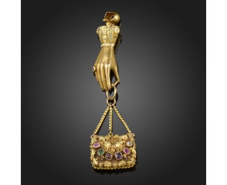 A Regency gem-set gold acrostic bag-form locket pendant, set with a ruby, emerald, garnet, amethyst, ruby and diamond spellin