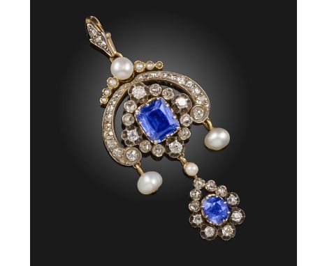 A late 19 century sapphire, diamond and pearl pendant, centred with a rectangular-cut sapphire within a diamond surround and 