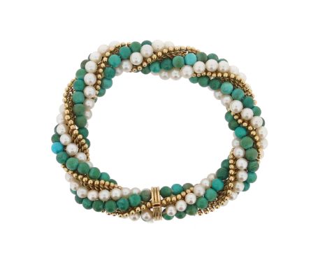 A turquoise and seed pearl-set gold bracelet, the twisted gold bracelet entwined with rows of seed pearls and turquoise beads