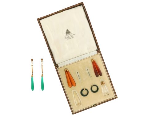 A pair of early 20th century gold drop earrings, with gold and seed pearl articulated upper sections, with five sets of inter