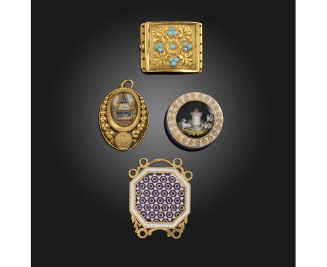 A collection of 19th century items, including small early 19th century circular gold box, probably French, the cover centred 