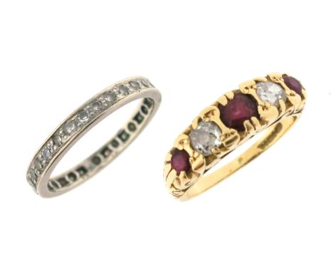 Two gem-set rings, including a ruby and diamond half-hoop ring set in 18ct gold, size M, and a diamond-set platinum eternity 