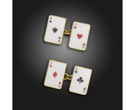 A pair of gold and enamel playing card cufflinks, each link designed as one of the aces, 1.7cm high, fitted case by Wartski