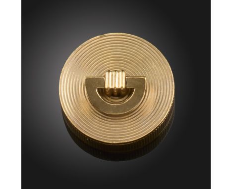 A 9ct gold circular pill box by Cartier, with engine-turned reeded decoration overall, pull top lid, maker's mark JC with inv