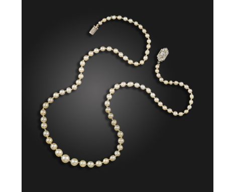 A single-row natural pearl necklace, the pearls graduate from 3.7 - 7.7mm, with a diamond-set platinum clasp, 54.5cm long Acc