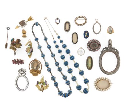 A small quantity of jewellery items, mostly 19th century, including two blue jasperware spherical bead necklaces, each with s