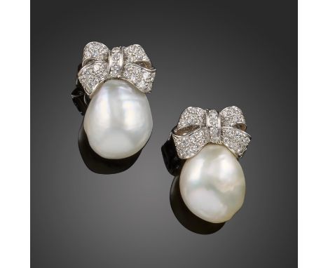 A pair of cultured pearl and diamond earrings, the cultured pearls suspend from diamond-set bows in white gold, post and clip