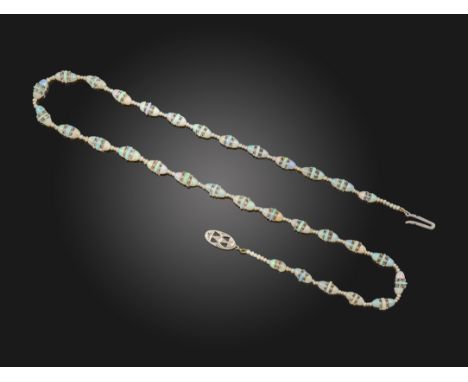 An opal, rock crystal and seed pearl necklace, the semi-spherical opal beads and rondels are alternately-set with faceted roc