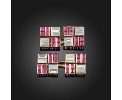 A pair of ruby and diamond dress cufflinks, each square link is quartered with pairs of baguette-shaped diamonds and four rec