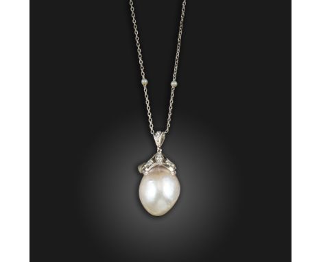 A natural pearl and diamond pendant, the slightly baroque-shaped pearl suspends from a foliate cap millegrain set with small 