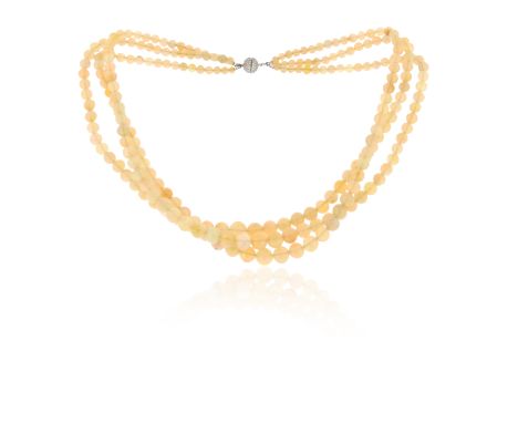 A three-row opal bead necklace, the opal beads graduate from 3.8 - 7.6, with a spherical pave-set diamond clasp, 41cm long