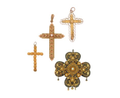 A seed pearl-set two colour gold ornate cruciform pendant, a filigree gold cruciform pendant, 6.5cm high, a 19th century gold