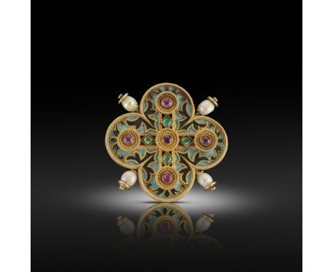 A gem-set and enamel gold brooch by Castellani, c.1860, of quatrefoil design, with green and turquoise enamel decoration, set