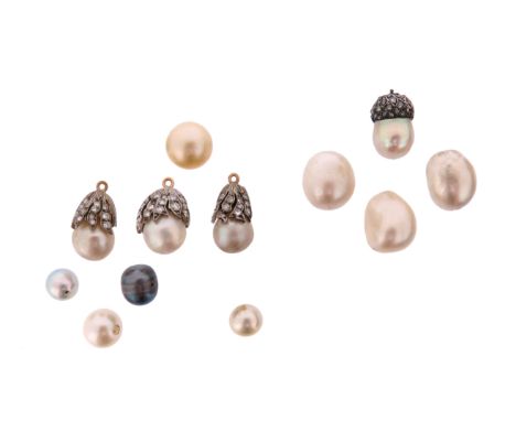 Twelve natural and cultured pearl items, including three loose natural pearls and a natural pearl-set acorn pendant with diam