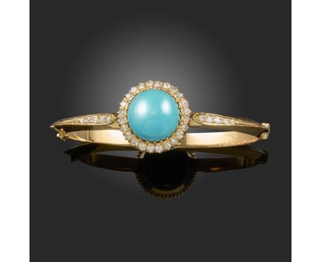 A late Victorian turquoise and diamond cluster bangle, the turquoise cabochon set within a surround of single-cut diamonds, w