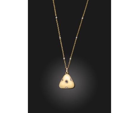 A gem-set gold locket pendant, the triangular pendant with trefoil diamond decoration, with a central cabochon sapphire on go