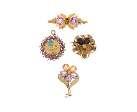 Four items of early-mid 19th century jewellery, including a pansy spray brooch set with two pear-shaped citrines and three pe
