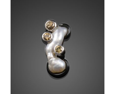 A fancy diamond and baroque pearl brooch, of abstract design, set with three fancy-coloured diamonds, a baroque pearl and car