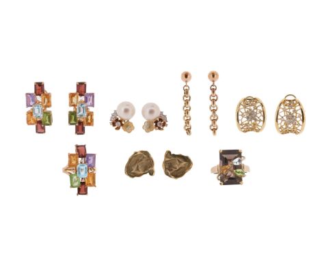 A collection of rings and earrings, including a matching multi gem-set gold geometric ring and pair of ear clips, set with ci