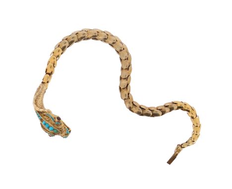 A Victorian gold snake bracelet, with graduated scale-like links, the head set with turquoise cabuchons (some missing) and ga