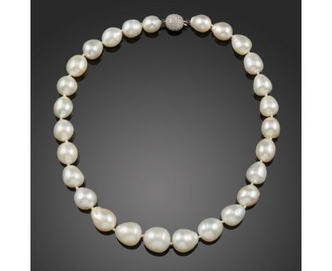 A South-Sea cultured pearl necklace, with spherical diamond-set white gold clasp, largest pearl 17mm widest approximately, ne