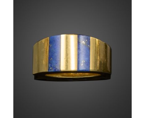 A gold and lapis lazuli ring by Tiffany &amp; Co., set with two lapis lazuli plaques in domed gold setting, signed 'TIFFANY',