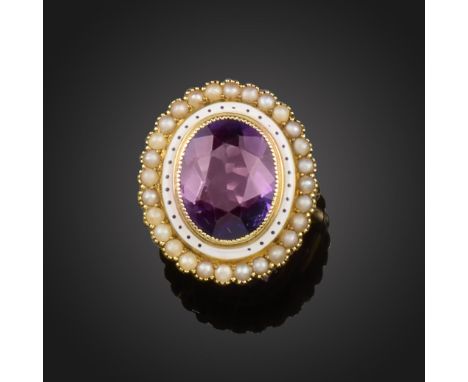 An amethyst and half pearl ring, with black and white enamel decoration in gold, with bifurcated shank stamped '9ct', size I 