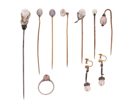 A collection of pearl-mounted items, including a collection of seven pearl-mounted stick pins (untested, possibly natural and